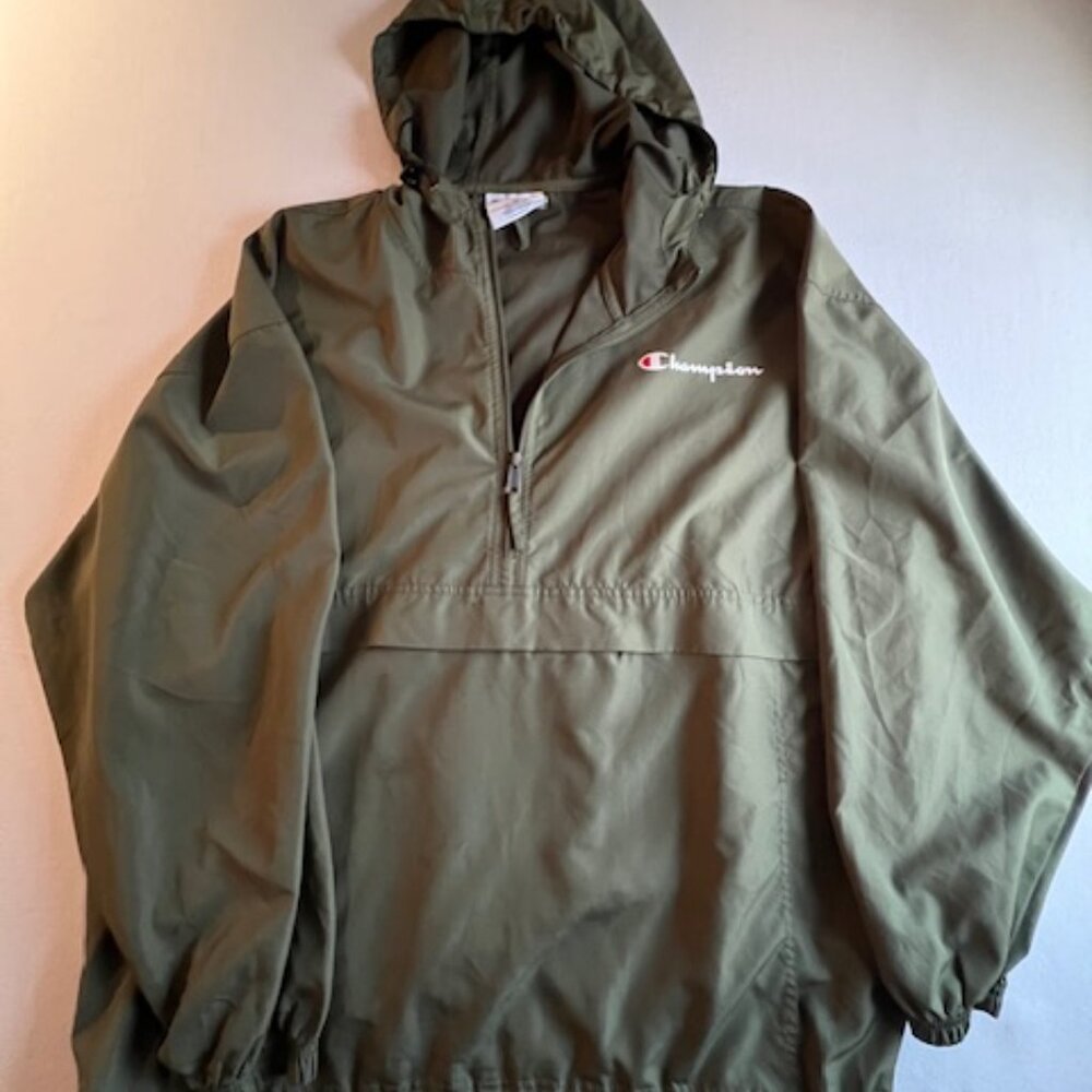 Champion olive green windbreaker jacket half-zip front, bungee cord hood Mens XL
